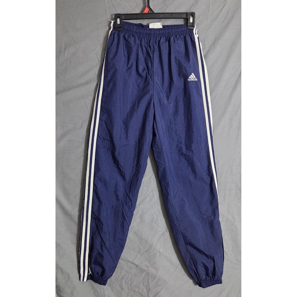 Vintage 90s Adidas navy Blue Nylon Windbreaker Track Pants Ankle zip Size Small